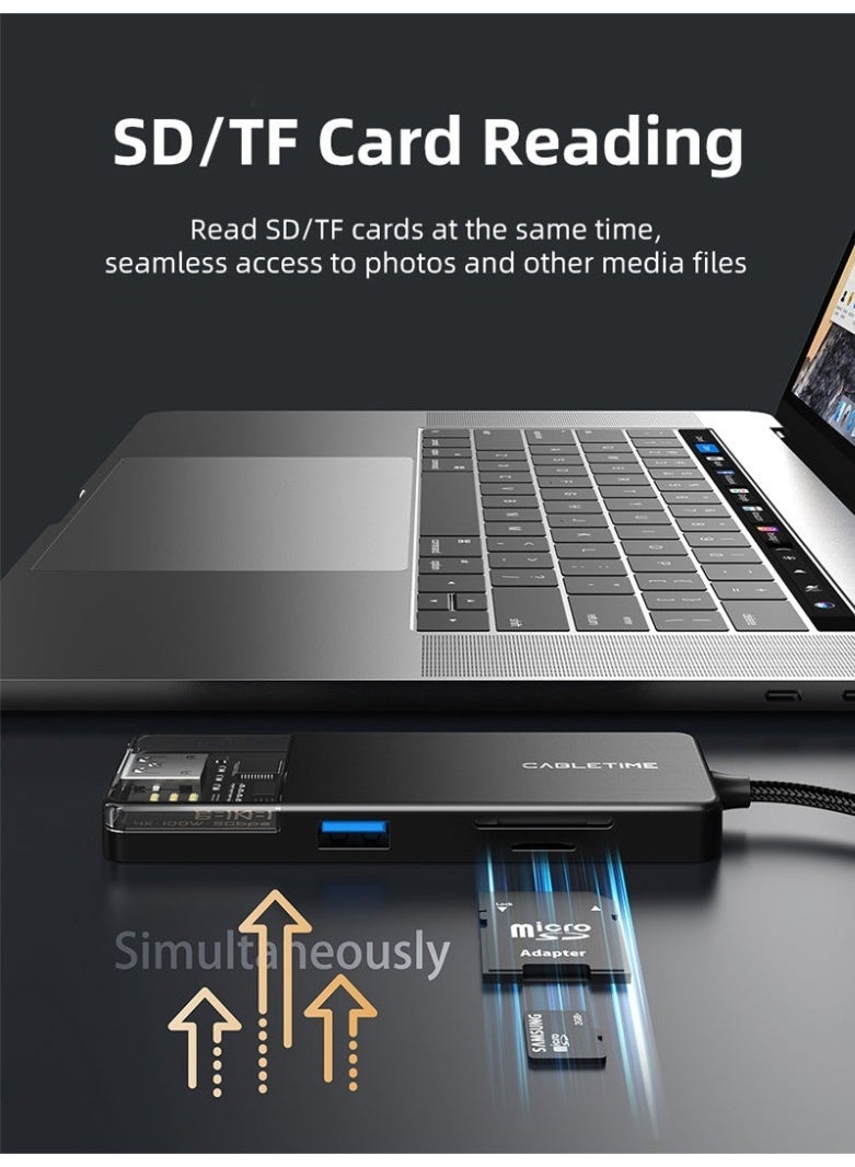 كابل تايم موزع منافذ USB من النوع C متعدد المنافذ 6 في 1 مع منفذ HDMI بدقة 4K وتوصيل طاقة بقدرة 100 واط | 0.2 متر - Image 2